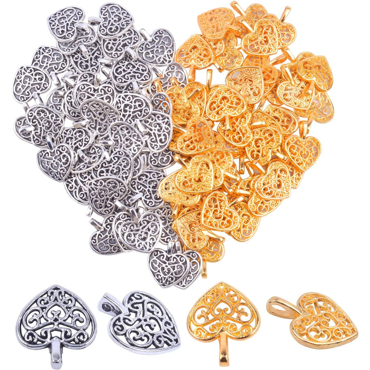 100 Pieces Heart Charms Pendants Metal Beads for Jewelry Making Bracelet Necklace,Antique Silver and Gold