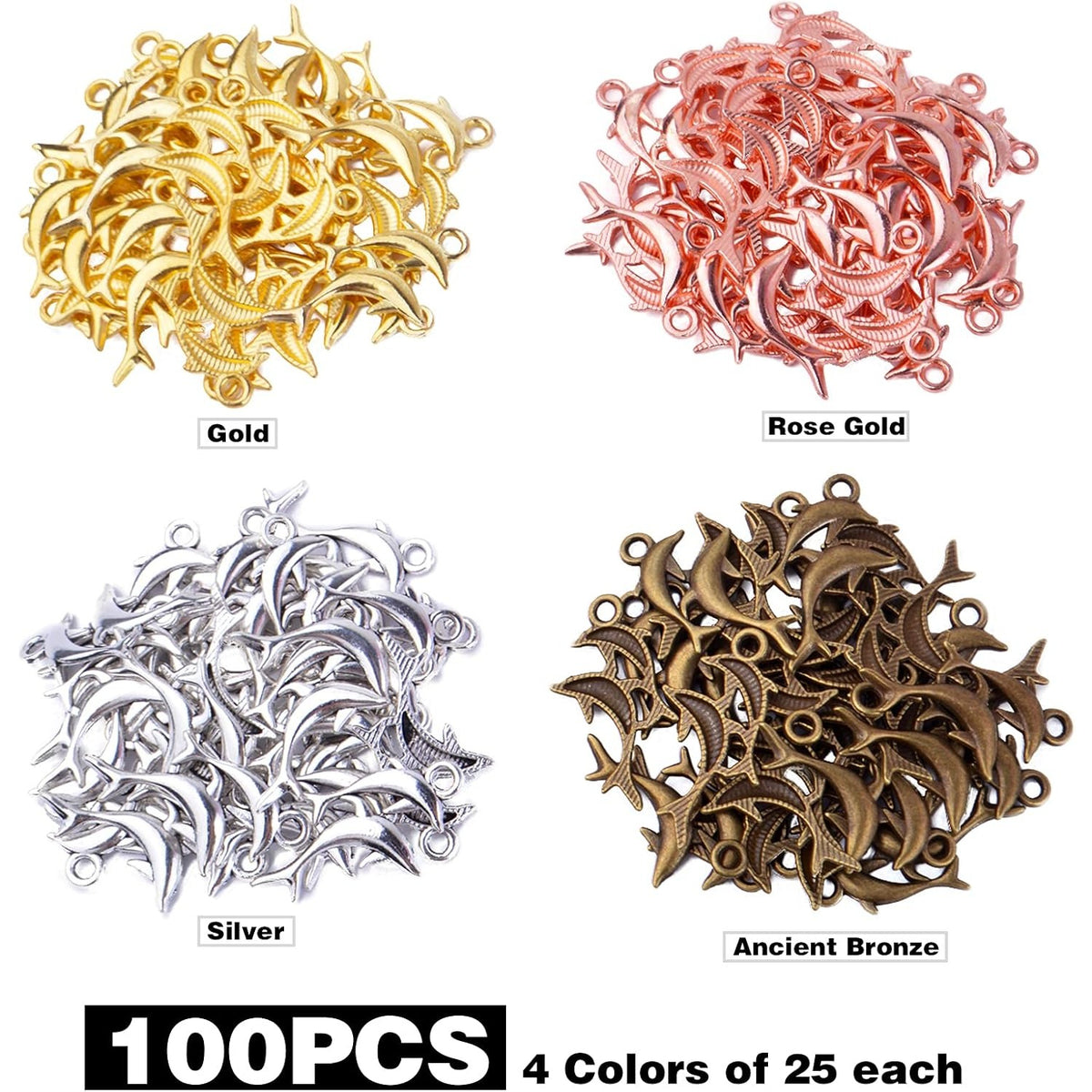 100pcs 4 Colors Dolphin Charms Pendants Fish Charms Vintage Animal Pendant Charm for DIY Necklace Bracelet Jewelry Making Accessories