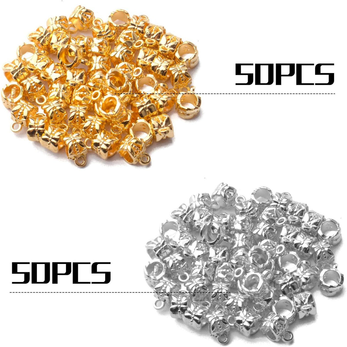 100pcs Bail Beads Alloy European Style Bail Beads with Charm Loop Connector Spacer Beads Jewelry Tube Bails Beads for DIY Bracelet Necklace Jewelry Crafts Making Supplies