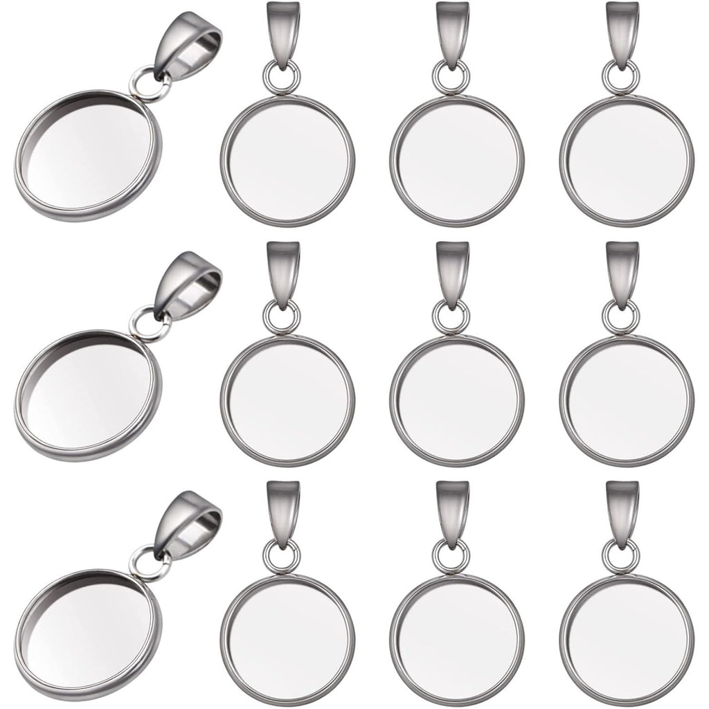 20pcs Stainless Steel Round Blank Bezel Pendant Trays with Pinch Clasp Buckle Base Cabochon Settings Charms Fit 12 mm for DIY Jewelry Making Cameo Photo Resin Crafts