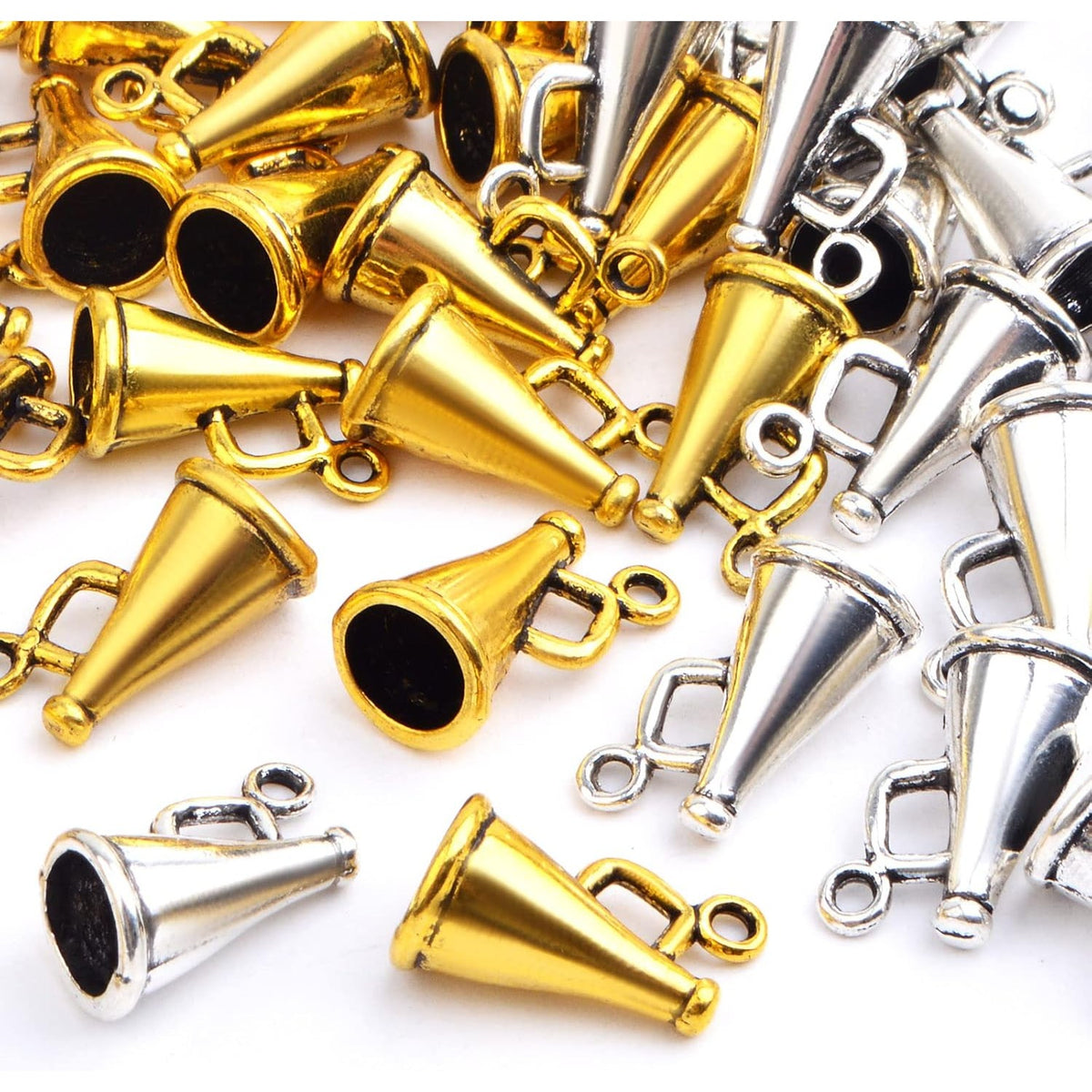 60pcs Tibetan Alloy Megaphone Cheer Charms Vintage Loudspeaker Megaphone Cheerleading Dangle Pendants for DIY Necklace Bracelet Jewelry Making Crafting, 2 Colors