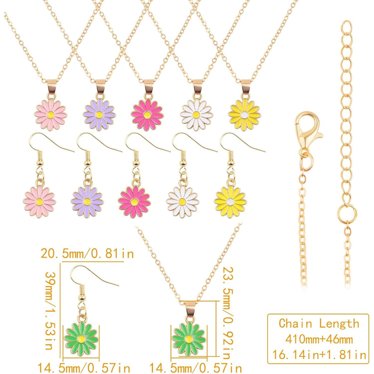 6 Sets Colorful Enamel Daizy Flower Pendant Necklaces Alloy Cute Flower-shaped Charms Y Necklaces with Earring Hooks for DIY Earrings Jewelry Making Decoration Gifts