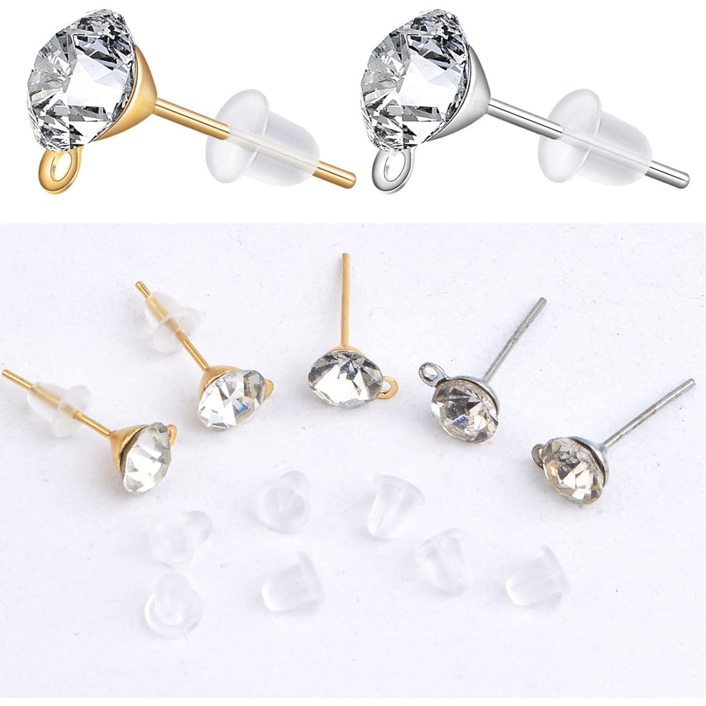 100 Pieces 6 mm 2 Colors Rhinestone Earring Studs Metal Earring Posts with Loop and 100 Pieces Clear Bullet Earring Backs for DIY Dangle Jewelry Making Supplies