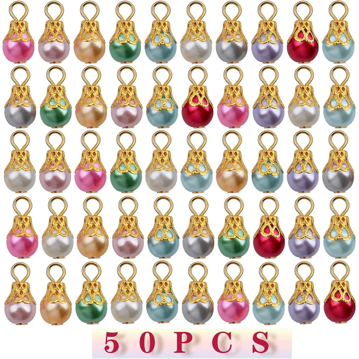 50pcs Imitation Pearl Dangle Charms Golden Filigree Flower Cap Drop Bead Pendants Jewelry Accessories for DIY Necklace Earrings Birthday Party Gifts, 10 Colors