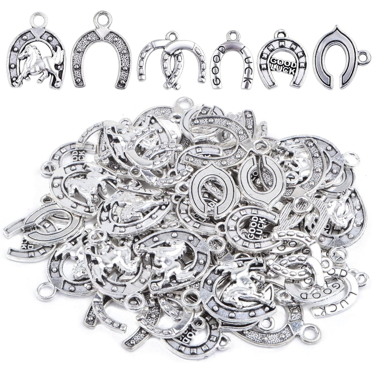 60pcs Antique Silver Horseshoe Charms Vintage Alloy Western Lucky U Shape Horseshoe Dangle Pendants for DIY Bracelet Necklace Earrings Jewelry Making, 6 Styles