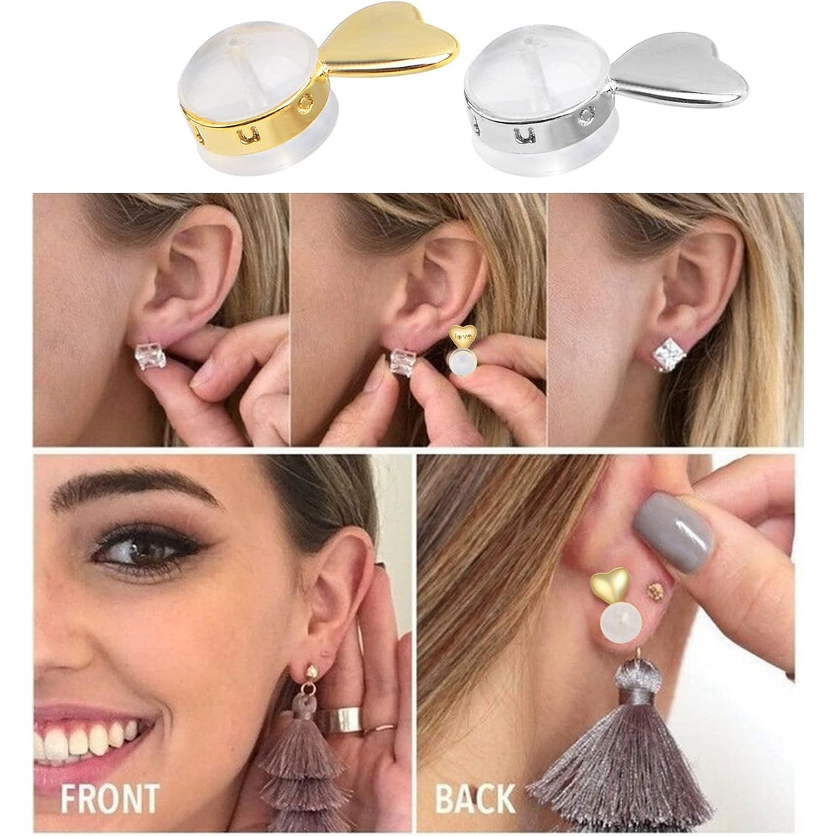 12pcs Soft Silicone Hamburger Heart Shaped Earring Backs Hypoallergenic Love Locking Secure Earring Backings Replacements for Studs Earring Hoops Fish Hooks, 2 Colors