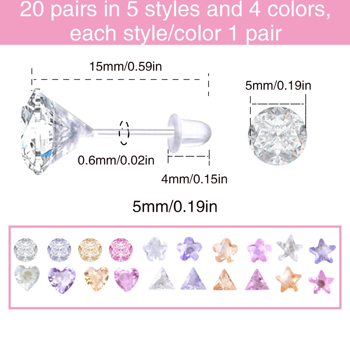 20 Pairs 6 mm Colorful Cubic Zirconia Earring Studs Hypoallergenic Plastic Resin Round Triangle Heart Flower Star Earrings with Earring Backs for Sensitive Ears Women Mom Gifts