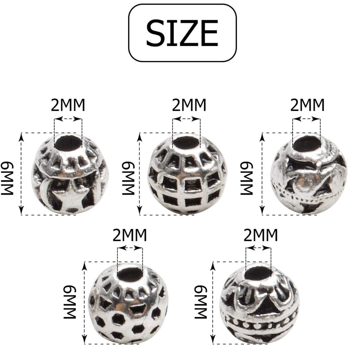 100pcs Tibetan Antique Silver Round Spacer Beads Hollow Spacer Charm Beads for Necklace Bracelet Crafts Jewelry Making,5 Styles