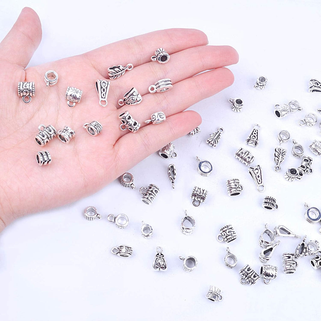 100g Bails Beads,14 Styles Tibetan Silver Bail Tube Beads Spacer Beads Bead Hanger for Jewelry Making Bracelet Necklace 120-126 Pieces
