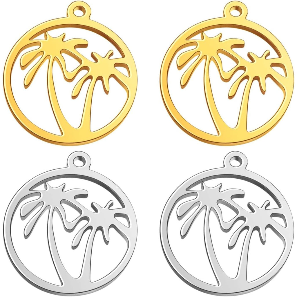10pcs 2 Colors Stainless Steel Round Ring with Coconut Tree Charms Hypoallergenic Hawaii Tropical Plant Tree Pendants for DIY Necklace Bracelet Keychains Jewelry Making