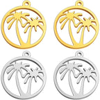 10pcs 2 Colors Stainless Steel Round Ring with Coconut Tree Charms Hypoallergenic Hawaii Tropical Plant Tree Pendants for DIY Necklace Bracelet Keychains Jewelry Making