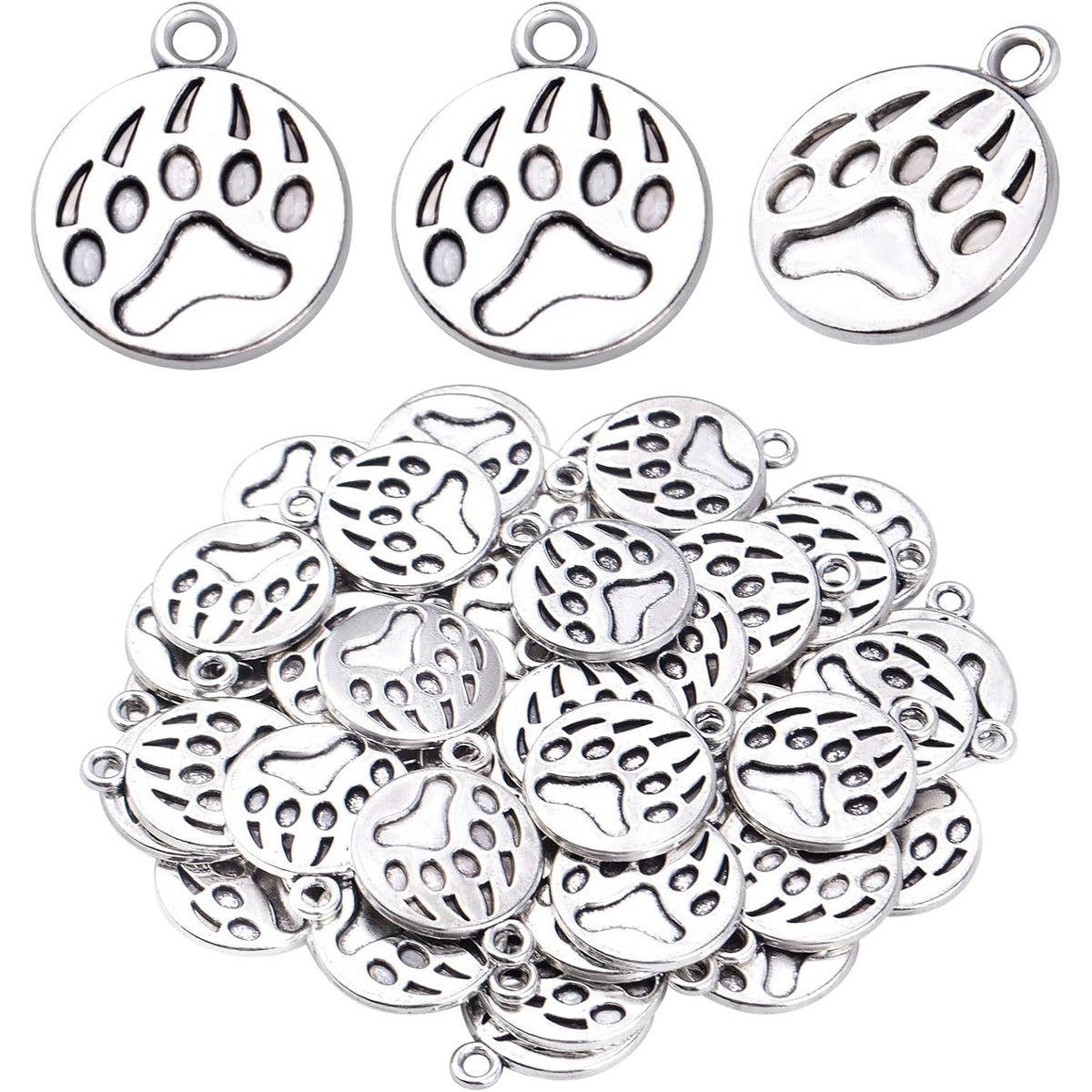 50pcs Antique Silver Paw Print Charms Alloy Dog Cat Bear Footprint Pendants Animal Paw Charms Jewelry Making Accessories for DIY Earrings Necklace Bracelet and Crafting