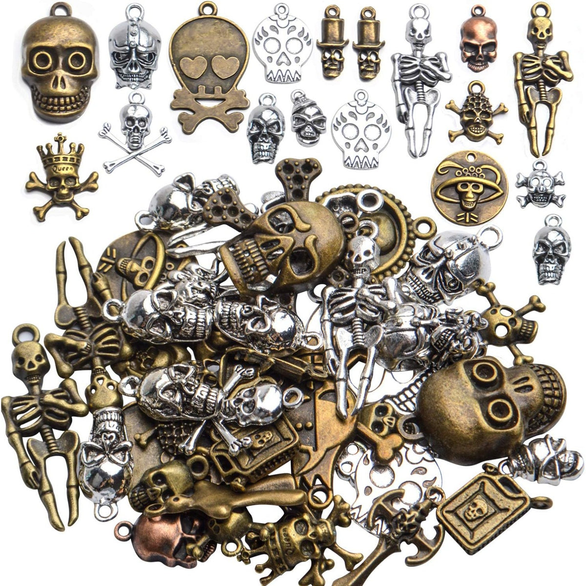 Skull Charms Accessory, 100g(About 30-50pcs) Multistyle Skull Head Charm Skeleton Bone Pendant Steampunk Halloween Charms Pendants for DIY Necklace Bracelet Jewelry Making Findings