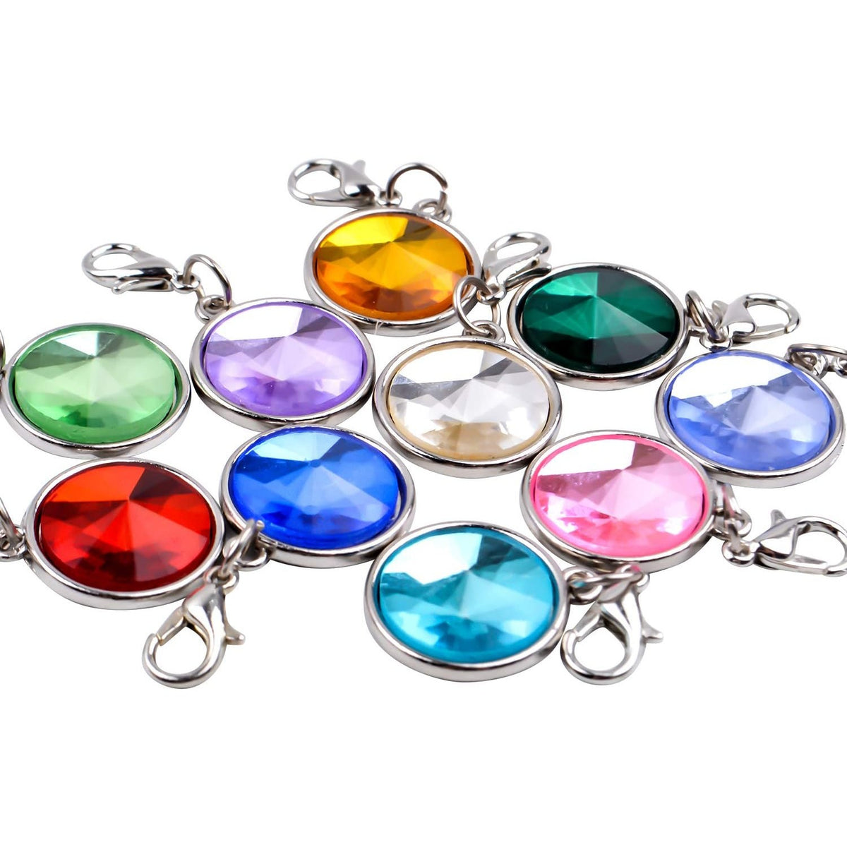 Clip on Charms,20 Pieces Flat Birthstone Crystal Dangle Charms Color Glass Pendants with Lobster Claw Clasp for Jewellery Making, 10 Colors
