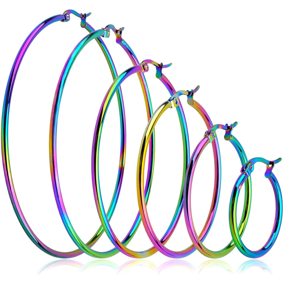 6 Pairs Stainless Steel Earring Beading Hoops Hypoallergenic Round Hoop Earrings Findings Art Accessories for DIY Earring Crafts Jewelry Making, 20/30/40/50/60/70mm, Rainbow Color