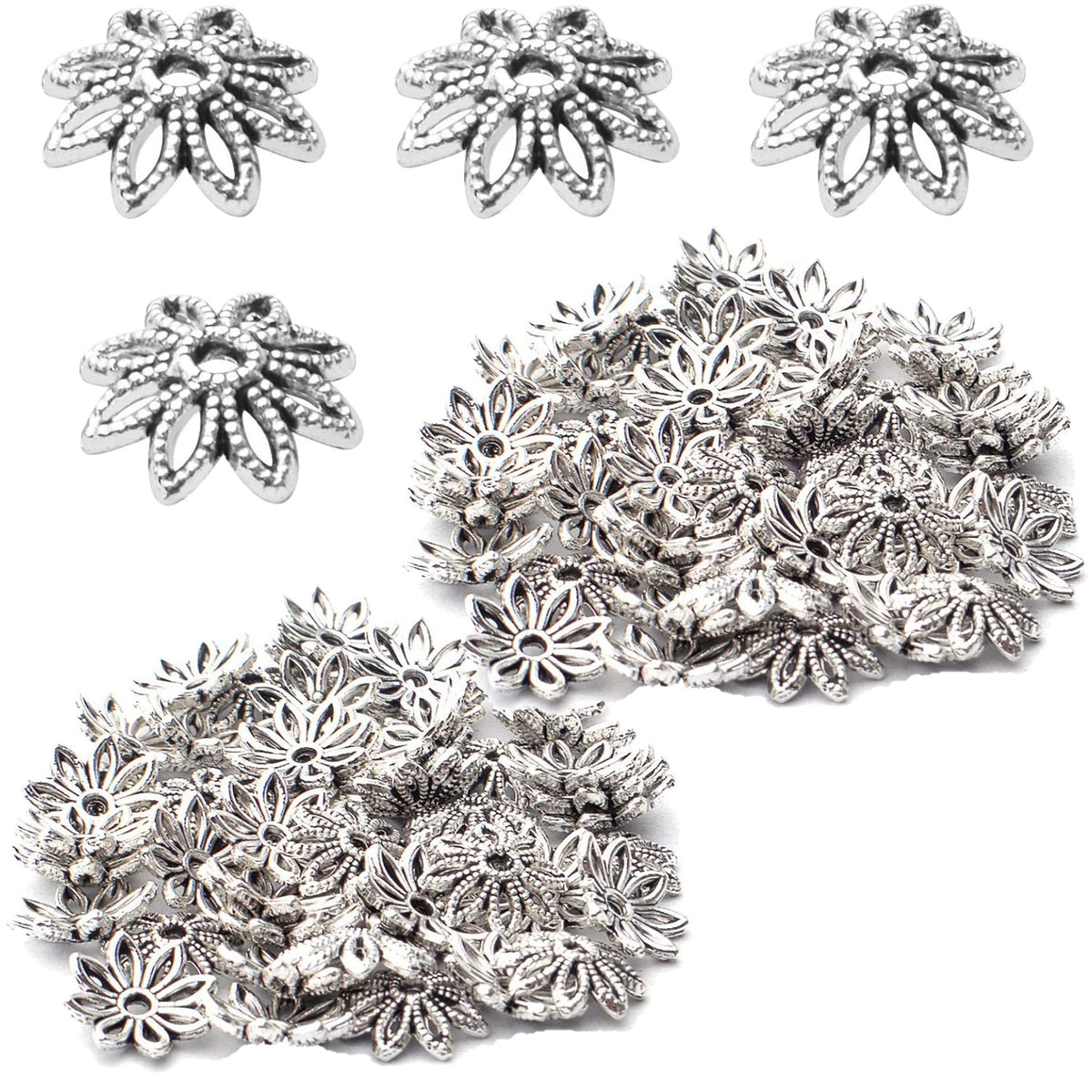 100pcs 10mm Flower Bead End Caps Tibetan Alloy Filigree Flower Caps Hollow Bead Caps Jewelry Spacer Caps for Bracelet Necklace Earring Jewelry Crafts Making