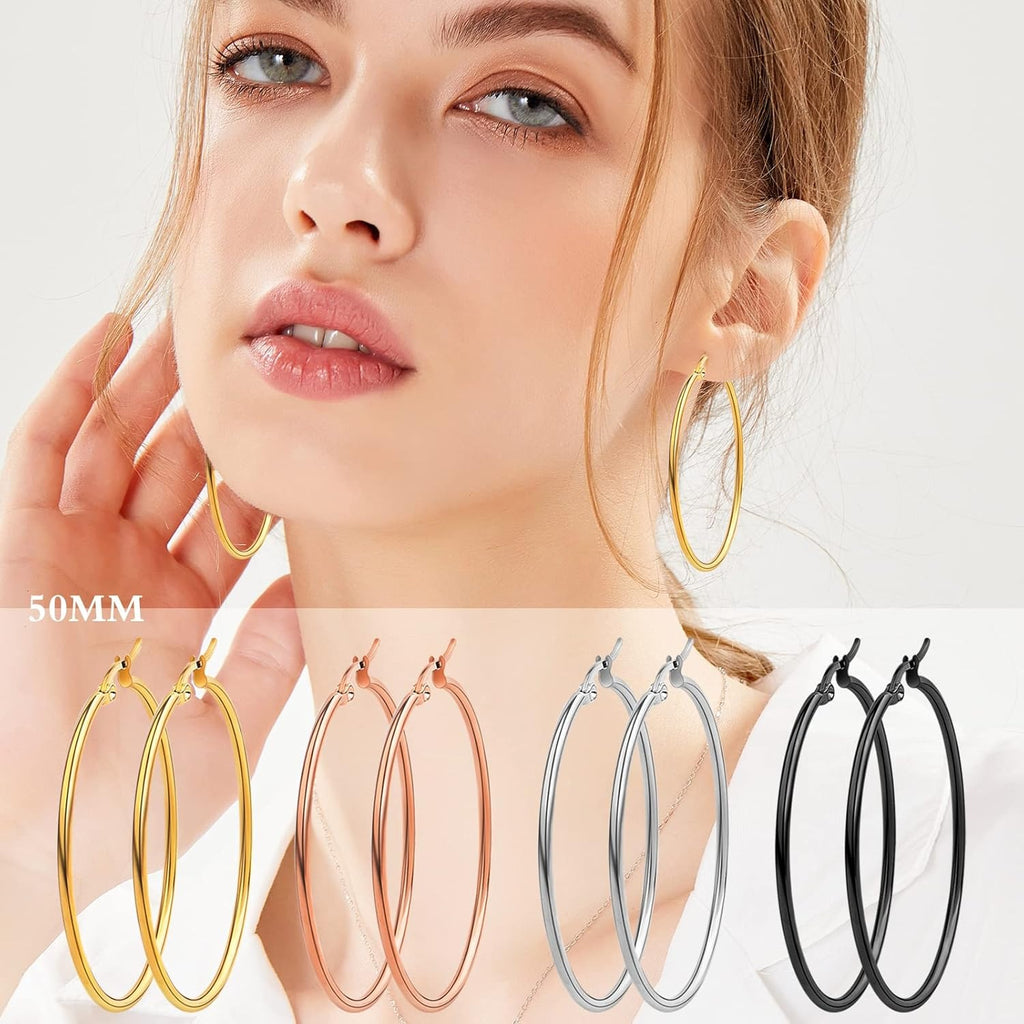12 Pairs 3 Sizes 4 Colors Hypoallergenic Earring Hoops Findings Stainless Steel Hoops Earrings Set Big Open Beading Hoop Earrings for DIY Art Crafts Jewelry Making