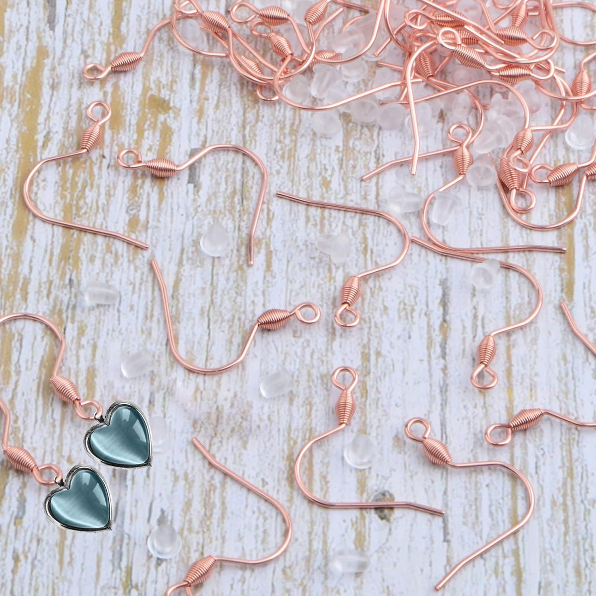 50pcs Stainless Steel Large Earring Hooks Hypoallergenic French Ear Wires Fish Hooks and 50pcs Clear Earring Safety Backs for DIY Dangle Earring Making Supplies, Rose Golden