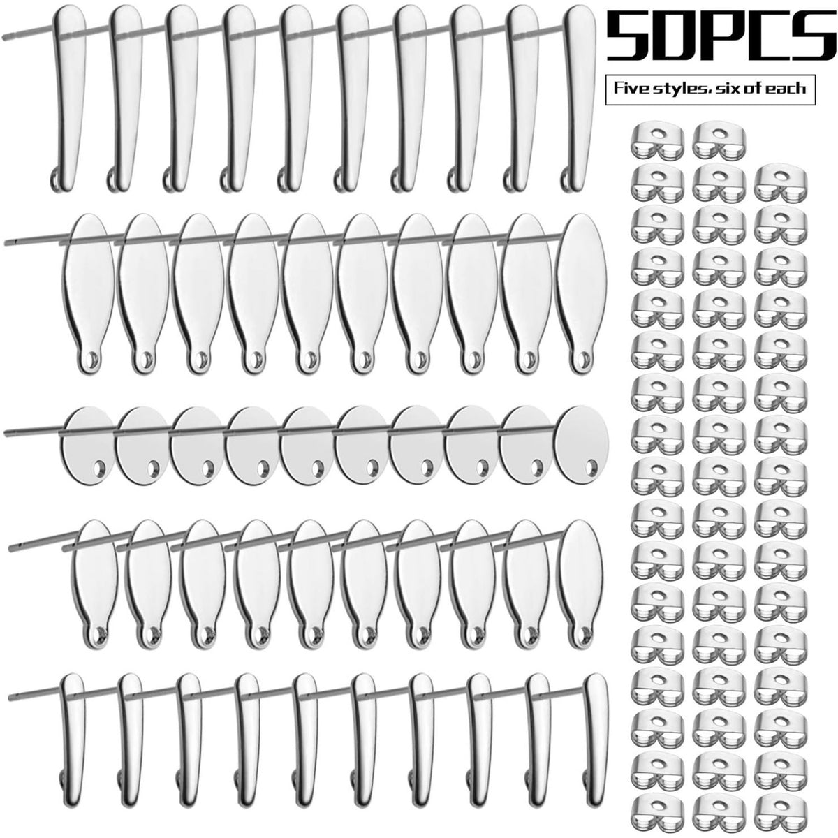 Earring Studs for Jewelry Making, 50pcs Stainless Steel Earring Studs Hypoallergenic Earring Posts DIY Flat Pad Blank Studs with Loop for Earring Making Findings