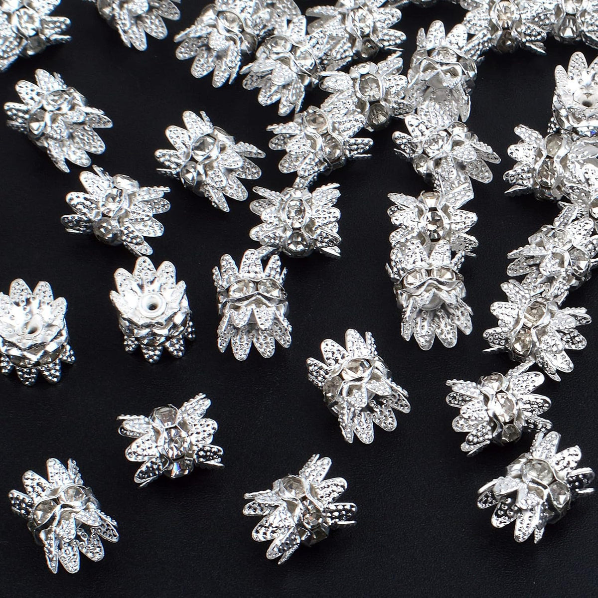 60PCS Double Flower Beads Caps with Rhinestone Petal Brass Bead Spacer Flower Caps Jewelry Making Accessories for Bracelet Necklace Earring