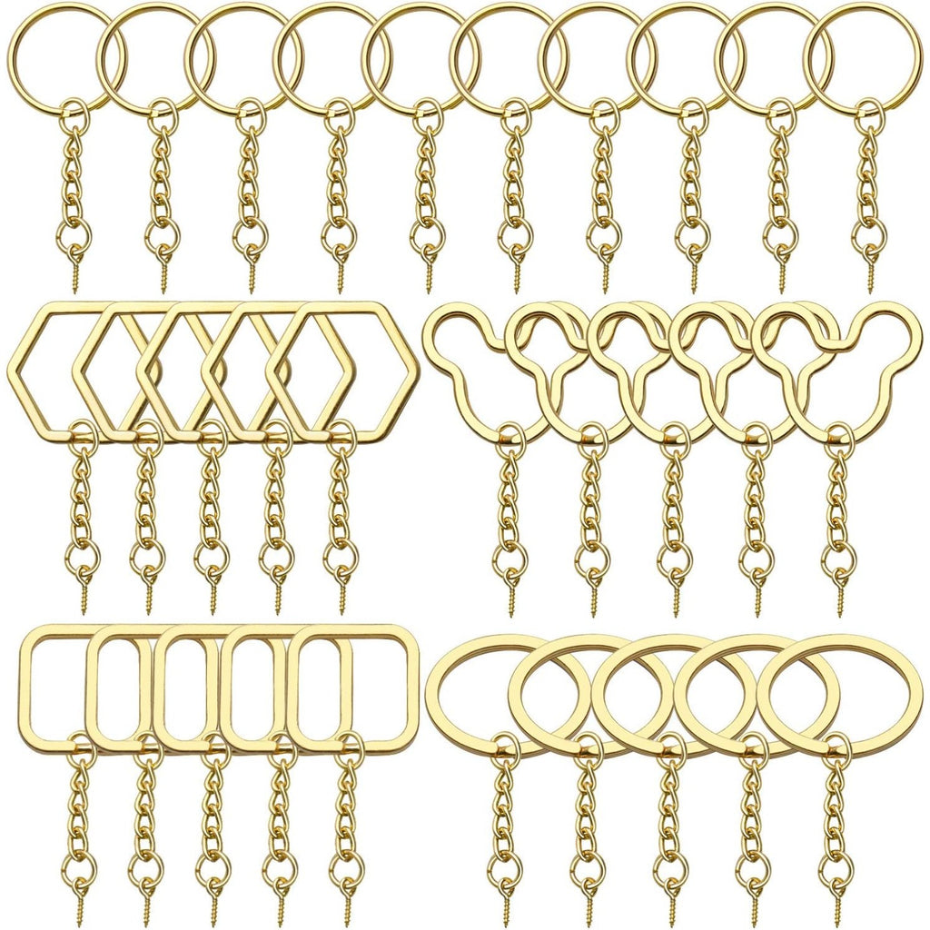 BronaGrand Keyring with Chain,30Pcs Gold Key Ring Bulk Split Keyring Blanks with Link Chain Open Jump Rings and Screw Eye Pins for DIY Art Craft Jewellery Making