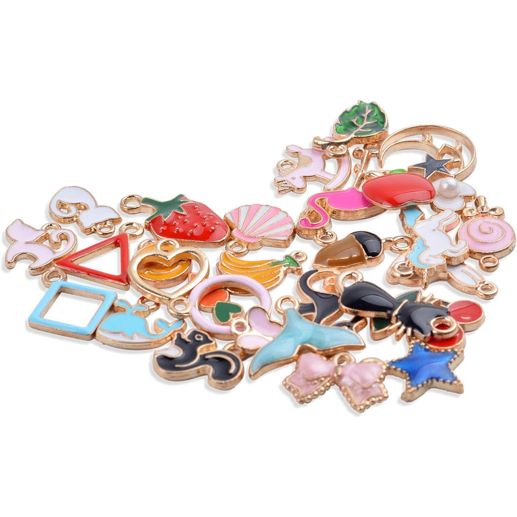Assorted Enamel Charms, 30 pieces Mixed Style Enamel Alloy Cute Animals Fruit Moon Star Lollipop Craft Charms Pendants Jewelry Findings Making Accessory for DIY Necklace Bracelet Earring