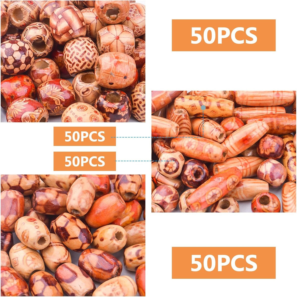 200pcs Natural Printed Wooden Beads Round Barrel Oval Macrame Beads Loose Wood Spacer Beads Jewelry Making Accessories for DIY Craft Bracelet Necklace Handmade Decoration, 4 Sizes