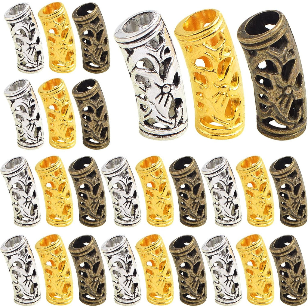 60pcs Tibetan Hollow Column Spacer Beads Alloy Large Hole Long Curved Tube Slide Loose Beads for DIY European Charms Jewelry Making Findings, 3 Colors, Hole: 5 mm
