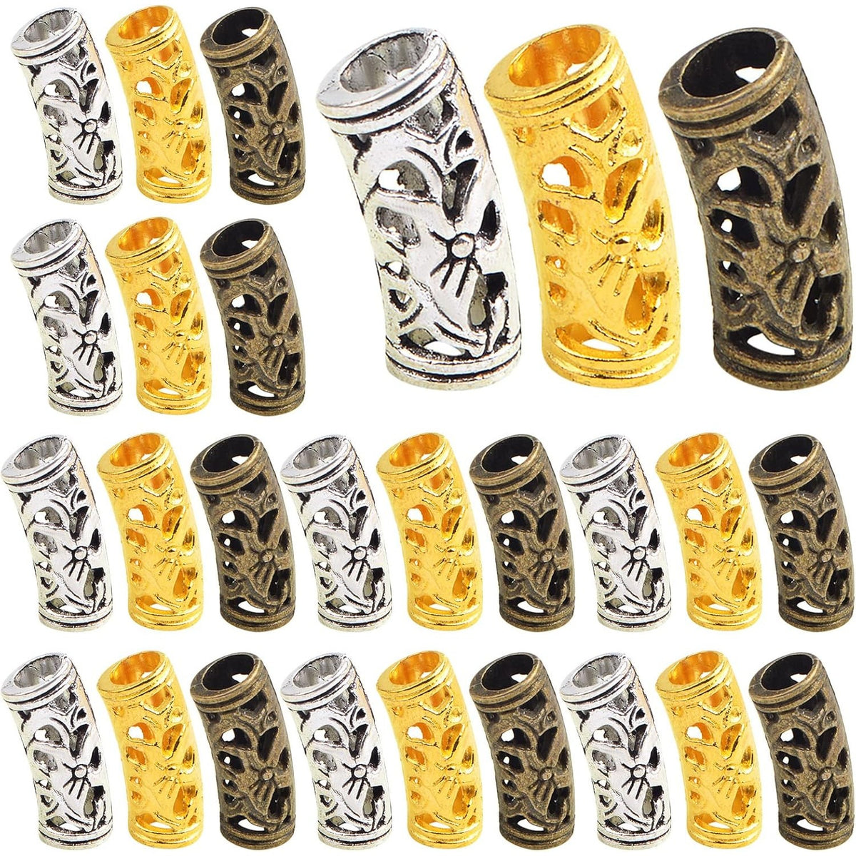 60pcs Tibetan Hollow Column Spacer Beads Alloy Large Hole Long Curved Tube Slide Loose Beads for DIY European Charms Jewelry Making Findings, 3 Colors, Hole: 5 mm