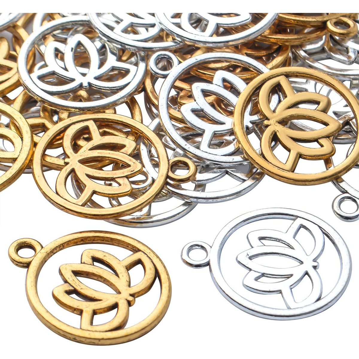 50pcs Lotus Flower Pendants Alloy Hollow Round Dangle Charms Lotus Bead Charm for DIY Jewelry Crafts Supplies Making Accessory