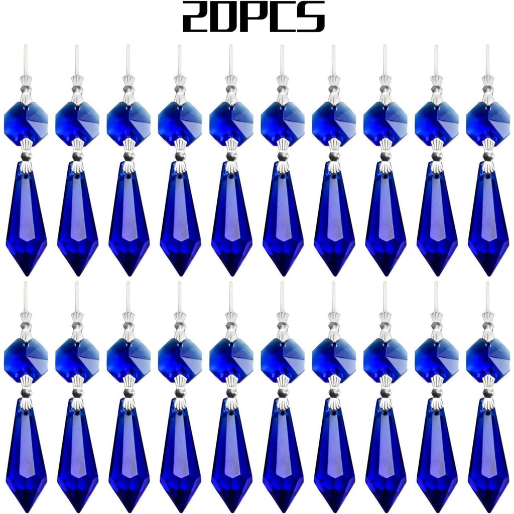 20 Pieces Chandelier Icicle Crystal U-Drop Prisms Lamp Parts Glass Pendants Beads for Wedding, Party or Holiday Decoration, 37mm, Blue
