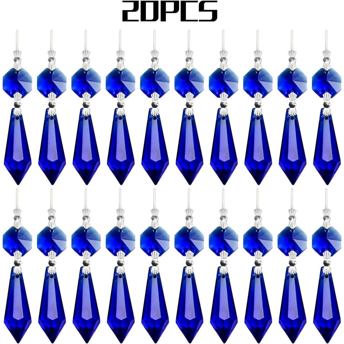 20 Pieces Chandelier Icicle Crystal U-Drop Prisms Lamp Parts Glass Pendants Beads for Wedding, Party or Holiday Decoration, 37mm, Blue