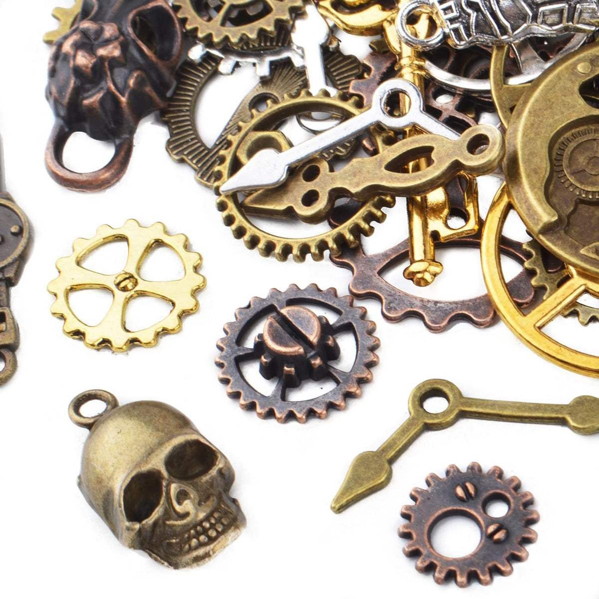 100g(Approx 76pcs) Assorted Colors Antique Metal Steampunk Clock Gear Cog Wheel Skull Key Skull Hand Safety Pin Charms Pendant Jewelry Charms for Craft Jewelry Making Accessory