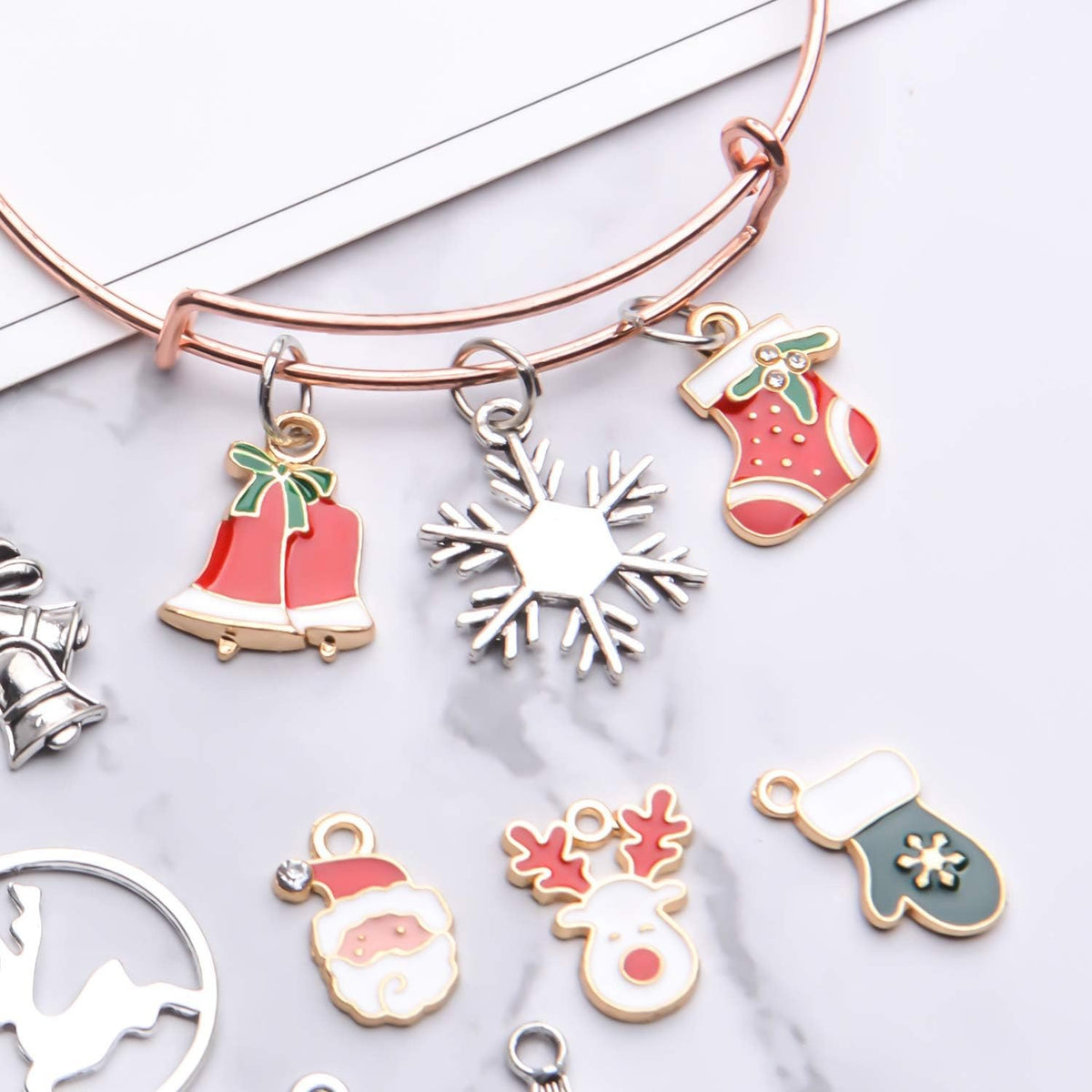 70 Pieces Christmas Charms Pendants Enamel Alloy Christmas Snowflake Tree Snowman Stocking Bell Deer Charms for DIY Earrings Necklace Bracelet Jewelry Making