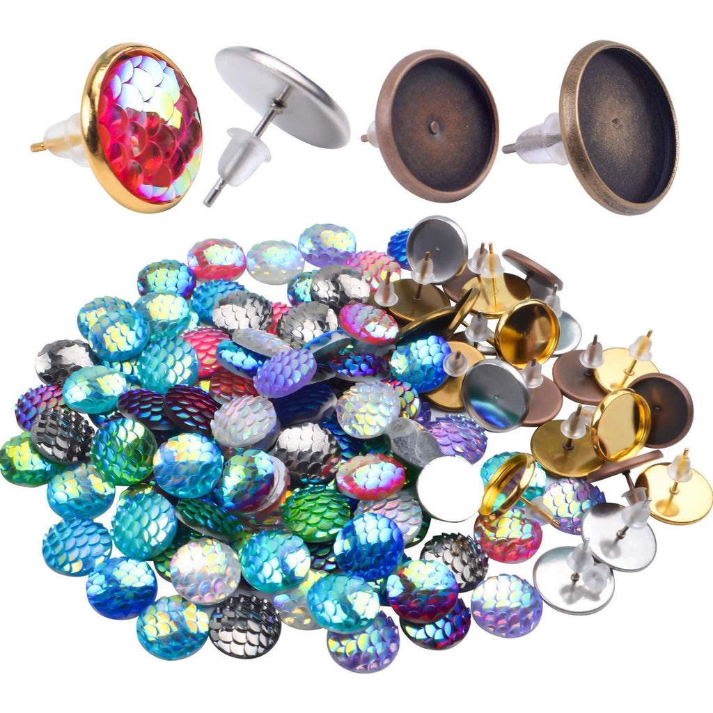Cabochon Earring Setting, 24 Pieces Stainless Steel Bezel Stud Blanks and and 100 Pieces Fish Scale Glass Cabochons 24 Pieces Bullet Earring Backs for Earring Making