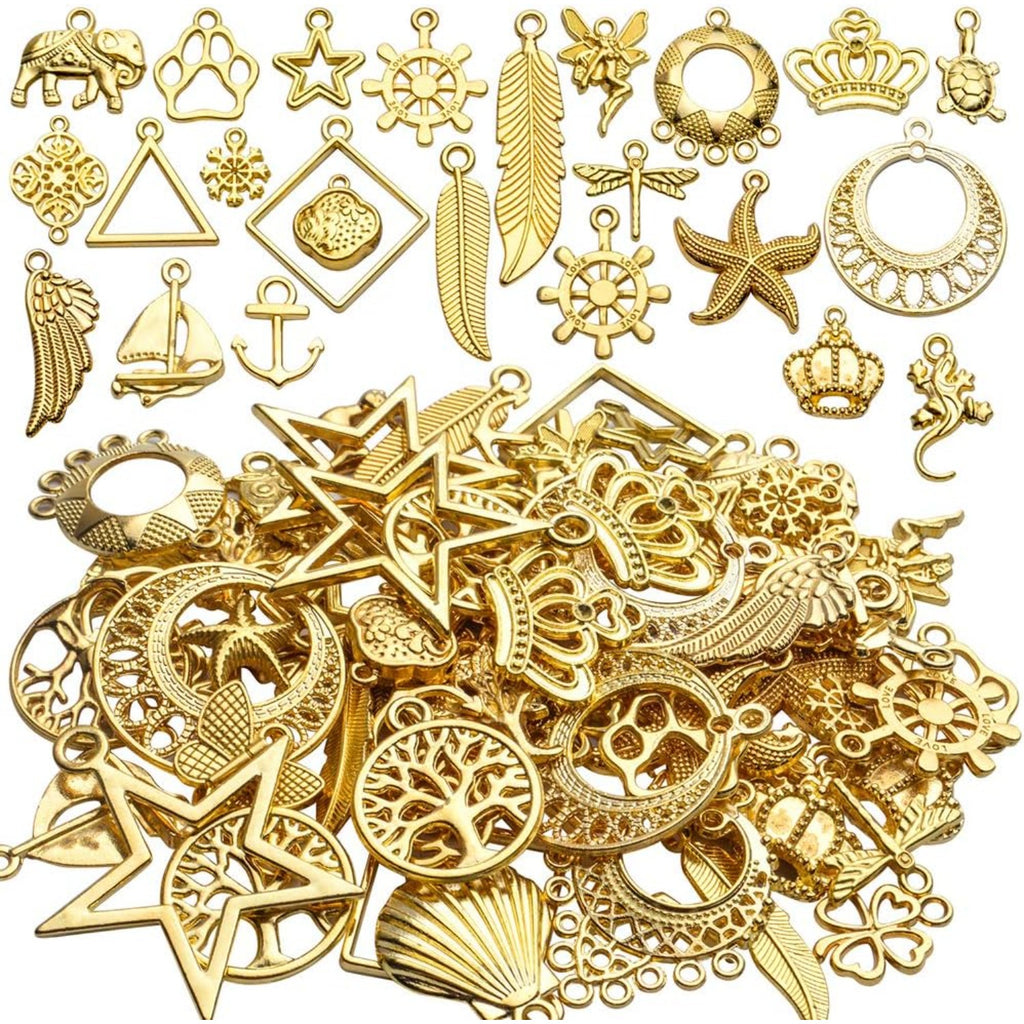 Mixed Theme Pendant Charms, 100 Gram Wholesale Bulk Charms Mixed Alloy Pendants Celestial Flower Tree Animal Charms Jewellery Accessory for Necklace Bracelet Earrings DIY Crafting, Golden