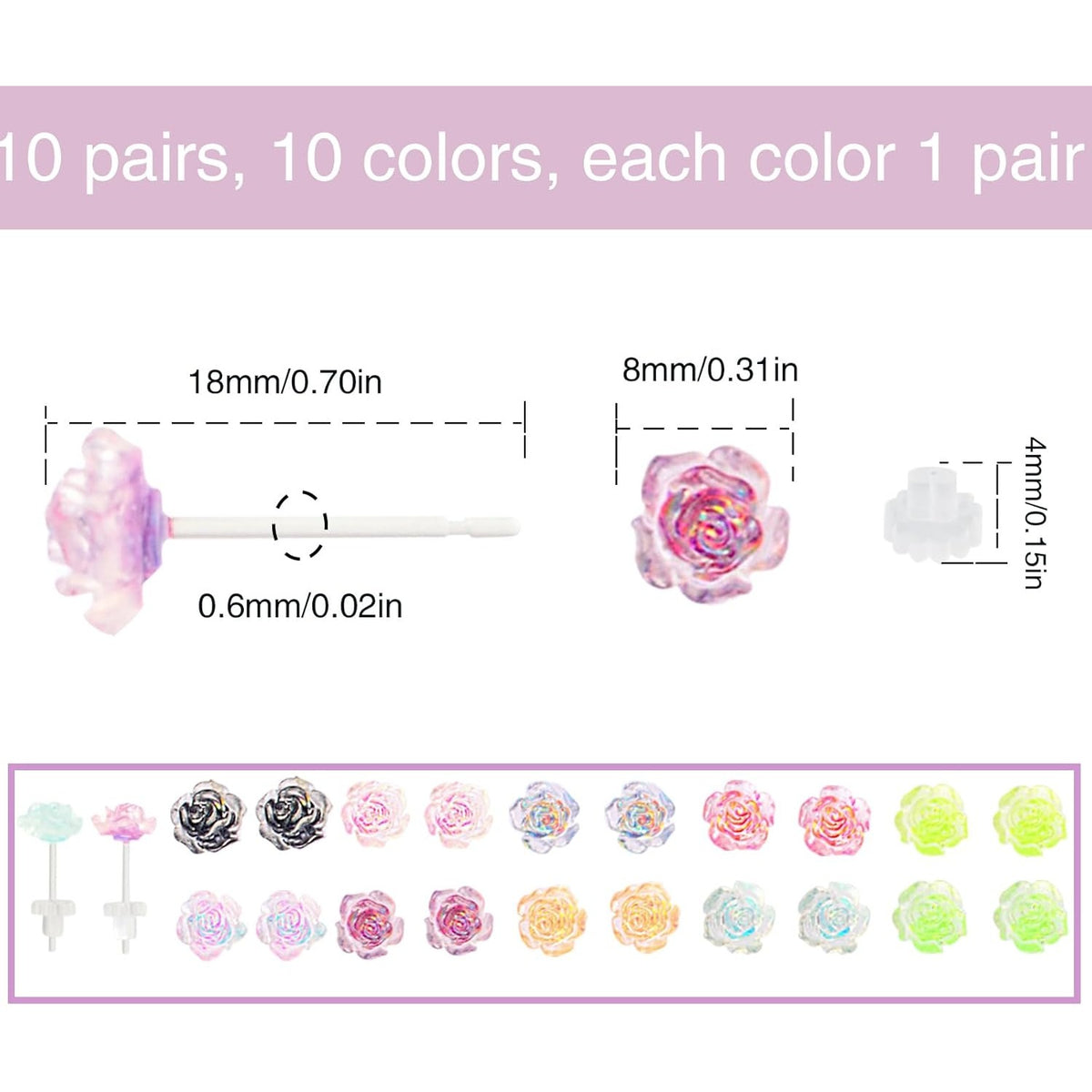 10 Pairs 8 mm 3D Plastic Resin Rose Stud Earrings Transparent Illusion Colored Earring Posts with Clear Earring Backs for Women Teens Sensitive Ears Sports Party Replacement