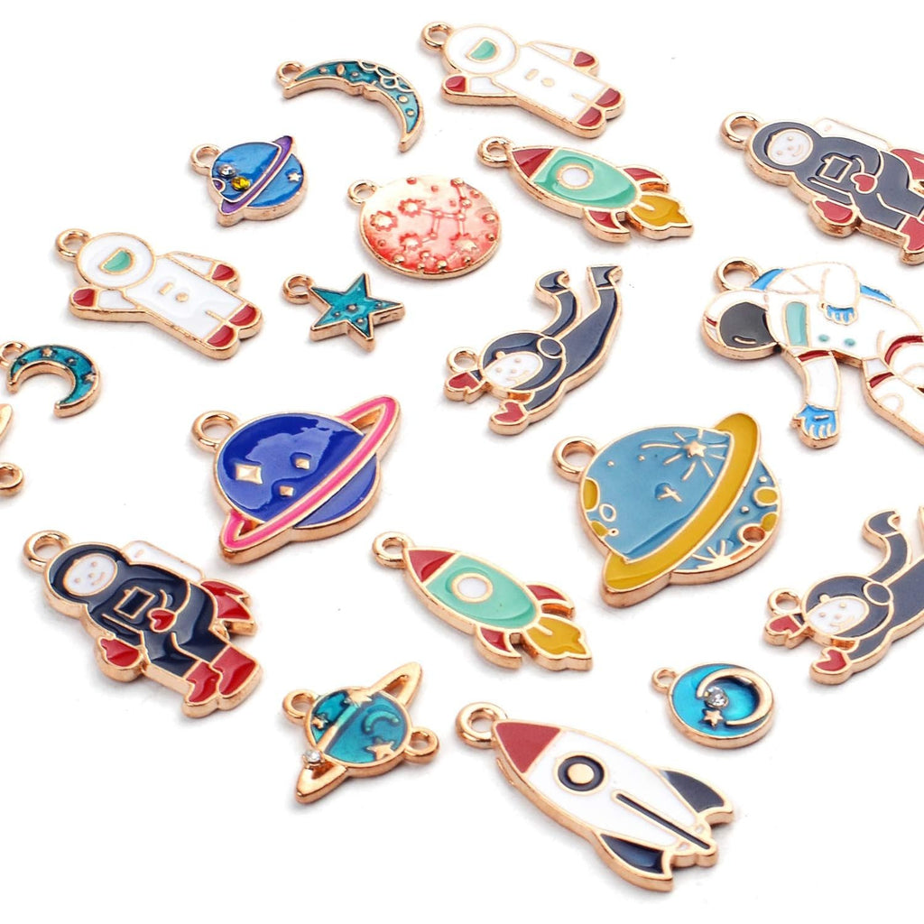 Space Themed Charms,20pcs Assorted Gold Plated Enamel Planet Astronaut Charm Pendant for Jewelry DIY Craft