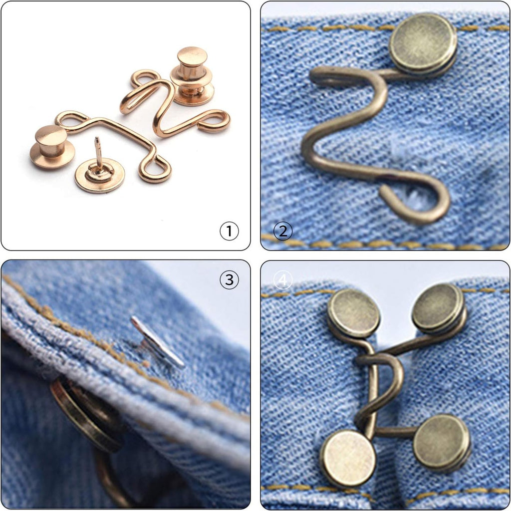 Adjustable Waist Buckles Set, 4 Sets Adjustable Waist Buckle Extender Jeans Buttons Extender Nail-Free Waist Extender Button Fit Instant Button, Golden, Silver, Gun Black, Bronze