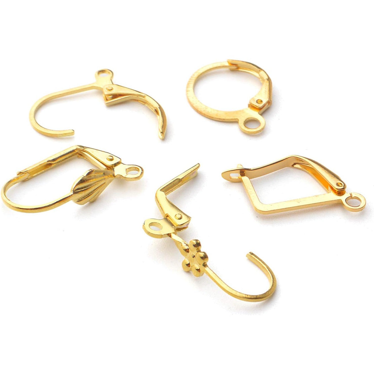 50pcs Gold French Earring Hooks Leverback Earwires Brass Hypoallergenic Ear Hooks with Open Loop for Earring Designs Supplies Jewelry Making Findings, 5 styles