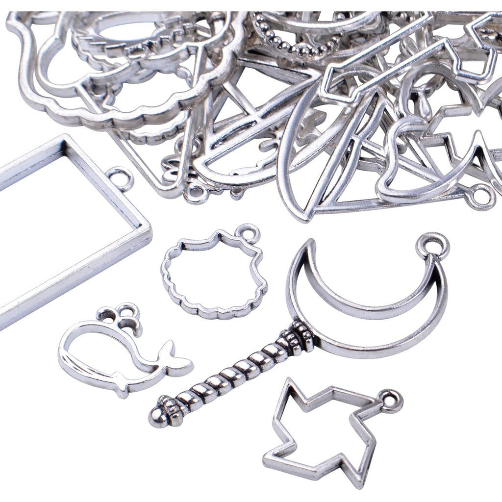100g Antique Silver Bezel Charms Pendants Alloy Open Back Bezel Blanks Hollow Pressed Flower Frame Pendant Resin Molds for DIY Jewelry Crafts Making Necklace Earrings, Mixed Styles