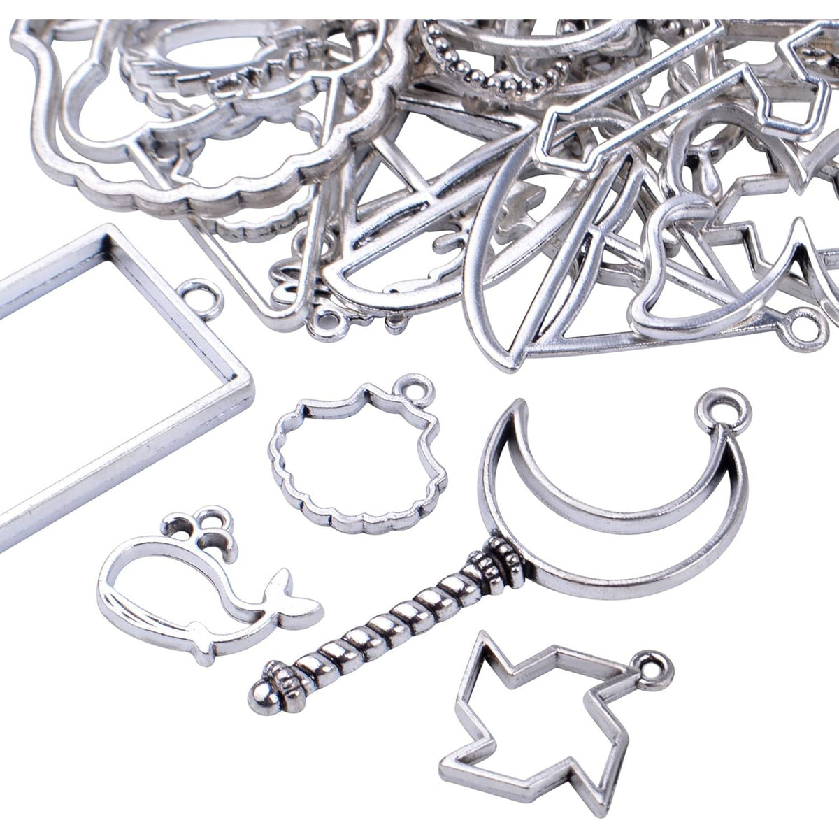 100g Antique Silver Bezel Charms Pendants Alloy Open Back Bezel Blanks Hollow Pressed Flower Frame Pendant Resin Molds for DIY Jewelry Crafts Making Necklace Earrings, Mixed Styles