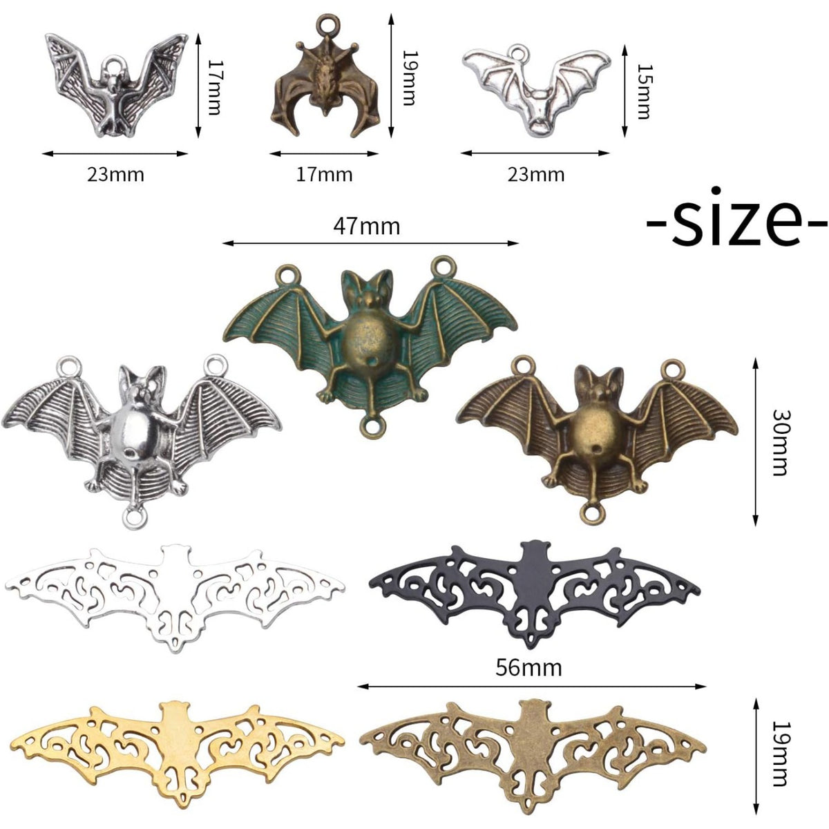100g (about 30 pieces) Metal Alloy Bat Pendant Charm Mixed Halloween Flittermouse Flying Vampire Connector Charms for Jewelry Making Bracelet Necklace