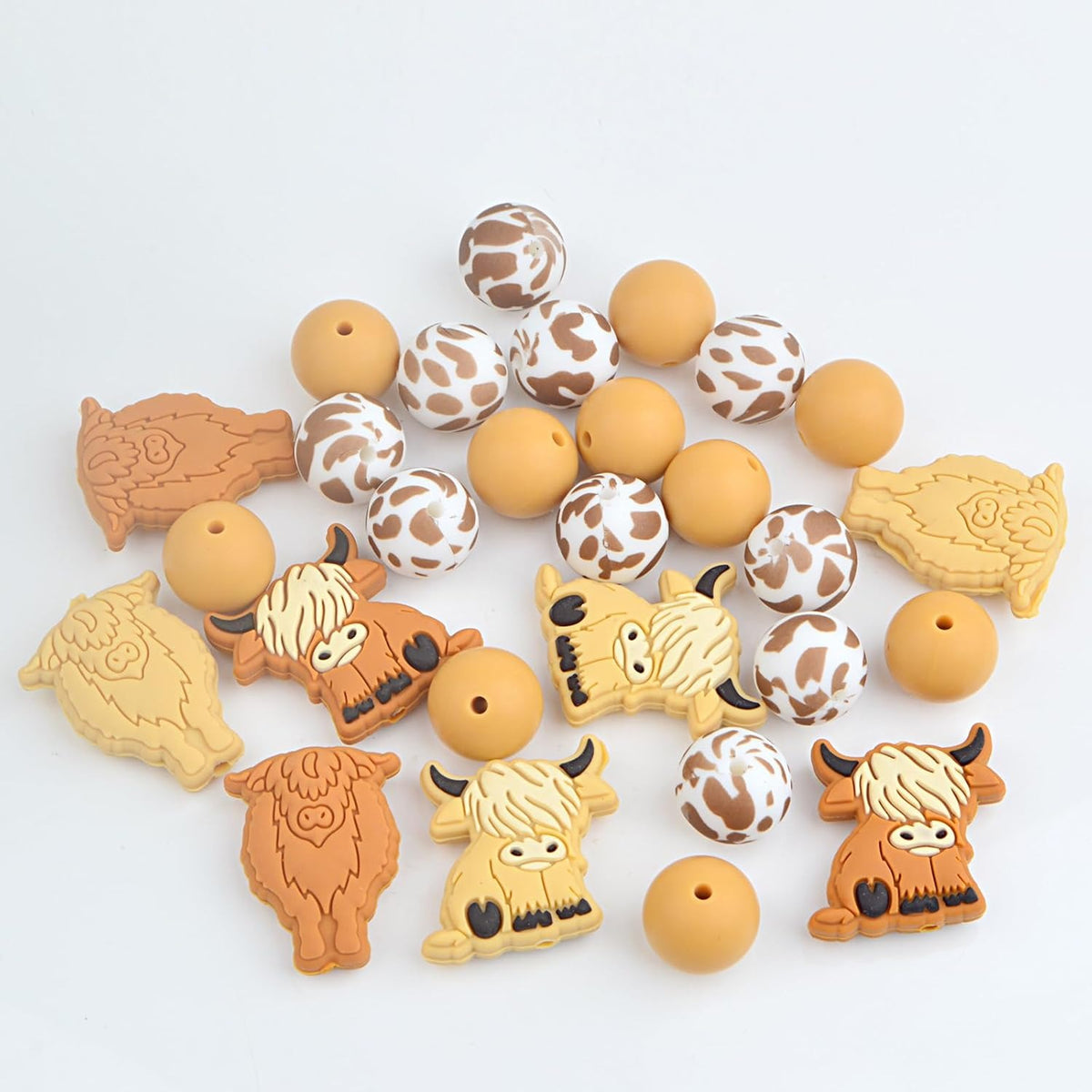 28Pcs Cow Silicone Beads Cute Animal Shaped Brown White Loose Round Cow Printed Spacer Beads Bulk for Necklaces Bracelets Keychain DIY Jewelry Making Crafts