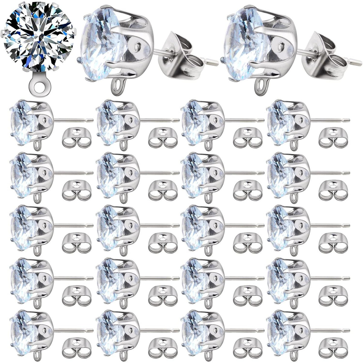 60pcs Silver Rhinestone Earrings Posts Hypoallergenic Crystal Earring Studs with Loop Hole and 60pcs Earring Backs Stoppers for DIY Jewelry Making Wedding Favor Gifts