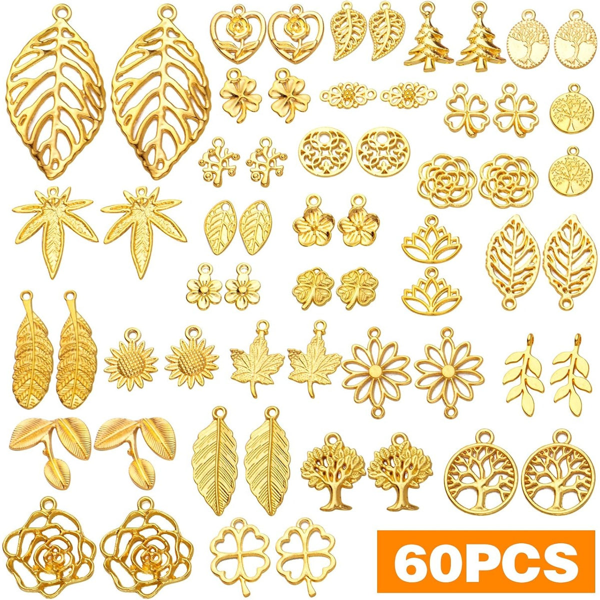 60pcs Gold Plated Leaves Flowers Charms Tree of Life Pendants Charm Alloy Vintage Hollow Charms Jewelry Making Accessory for DIY Necklace Bracelet Earrings Crafts Supplies, 30 Styles