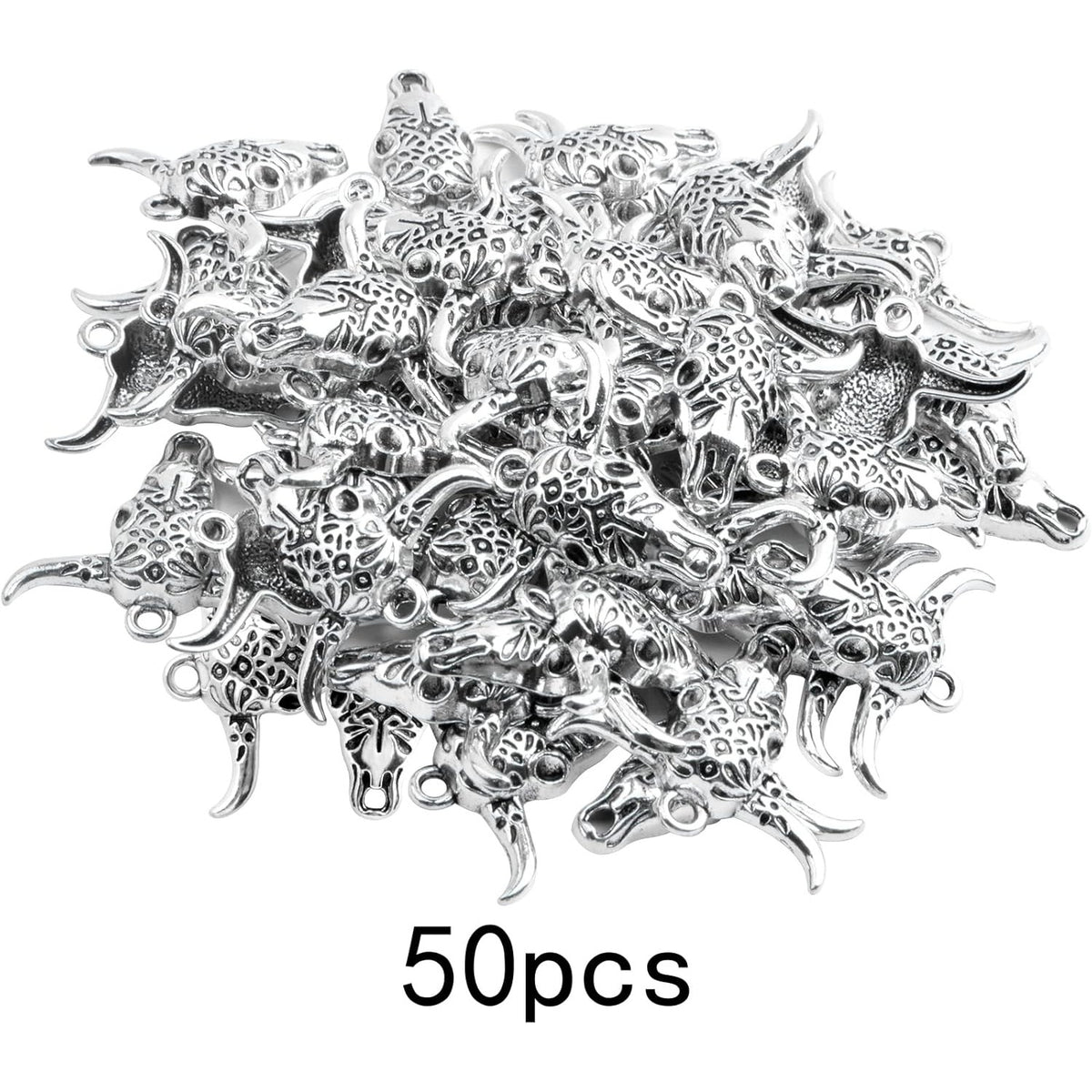 50pcs Antique Silver Hollow Cow Skull Charms Vintage Alloy Western Animal Pendant Cattle Head Dangle Charms for DIY Necklace Bracelet Keychains Jewelry Craft Making