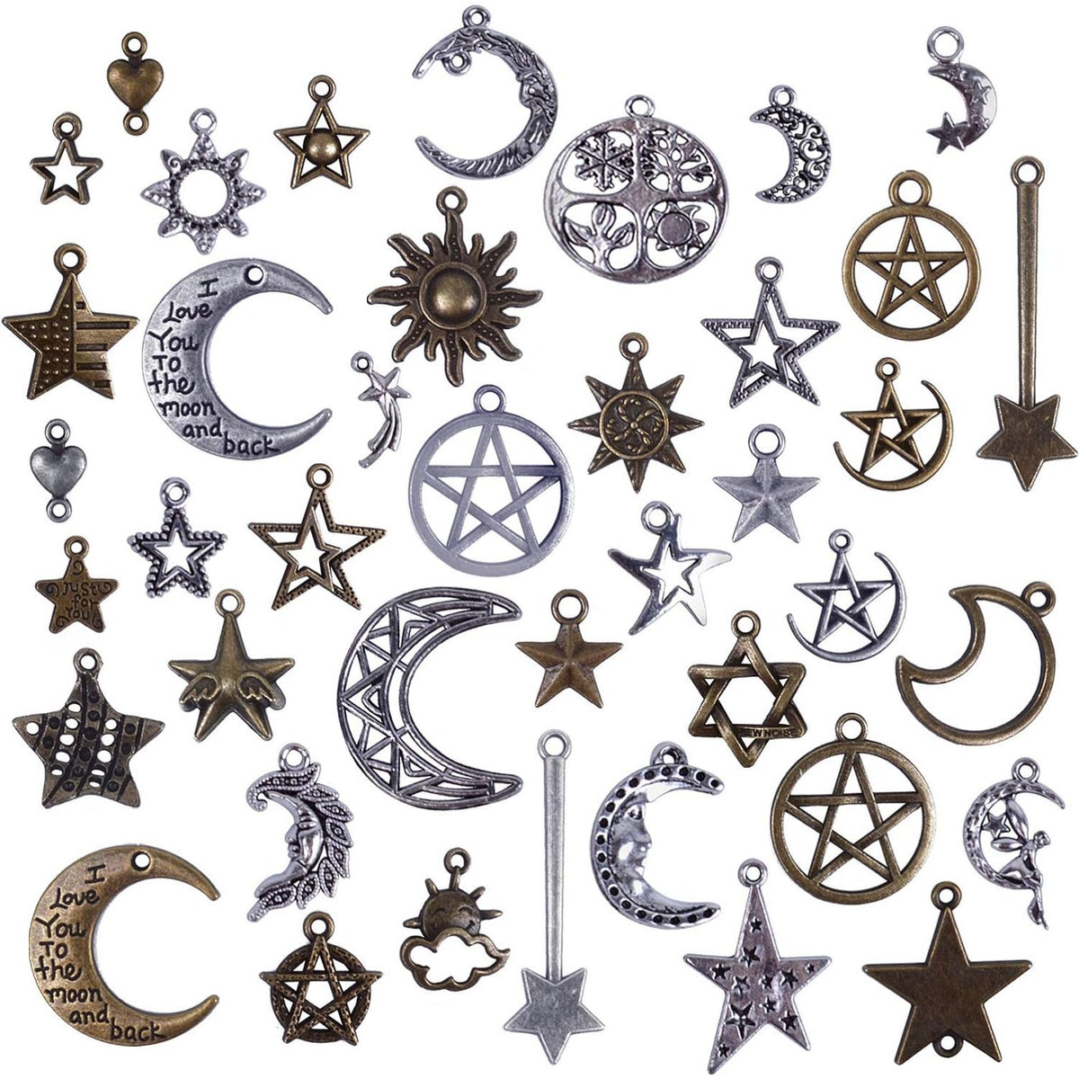 100 Gram(Approx 73 Pieces) Mixed Sun Moon Star Charms Antique Celestial Charms Pendants for Bracelets, Necklaces, Crafts and Jewelry Making, Assorted Colors