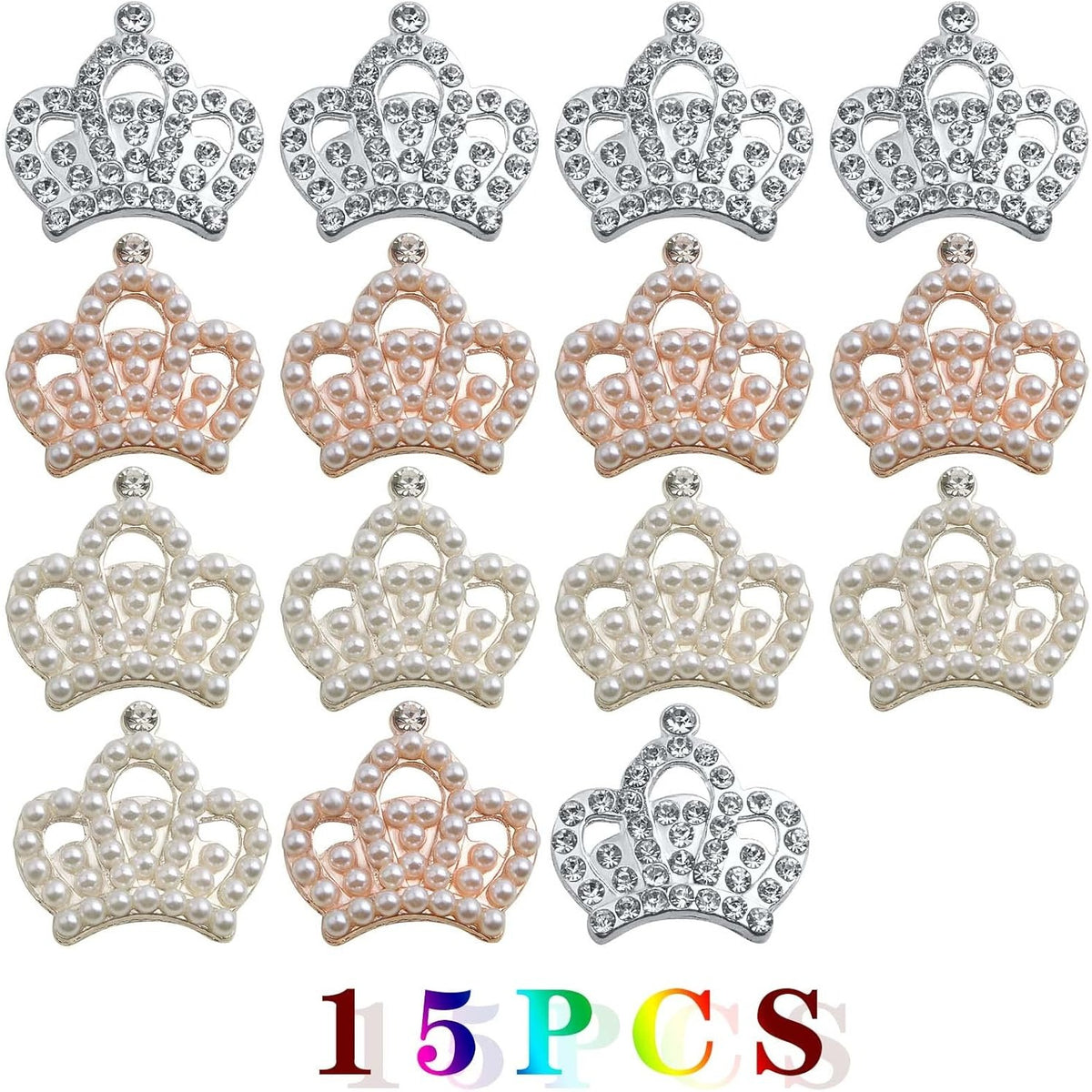 15pcs 3 Styles Flatback Rhinestone Pearl Crown Embellishments Mini Crown Charm Ornaments for Jewelry Making DIY Crafts Phone Back Shell Wedding Present Decor, 2 Colors