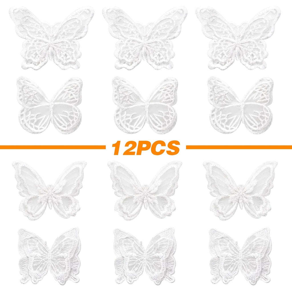 12pcs 4 Styles Lace Butterfly Applique Double Layers Butterfly Embroidered Patches Butterfly Appliques for DIY Crafts Sewing Clothes Dress Hair Ornaments Wedding Decor(White)